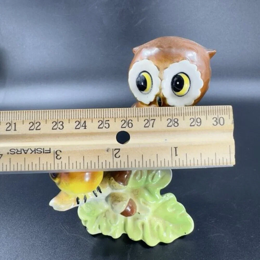 Vintage Norcrest Two Big Eye Owls On A Branch with Acorns Figurine Japan Ceramic